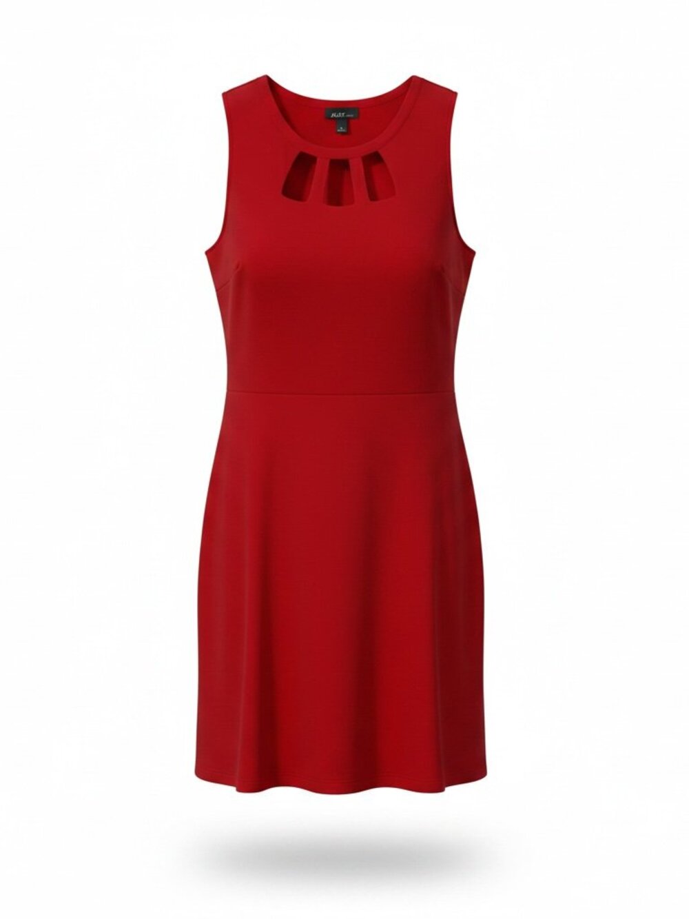 Red sleeveless shift dress with cutout collar + pockets - Size L